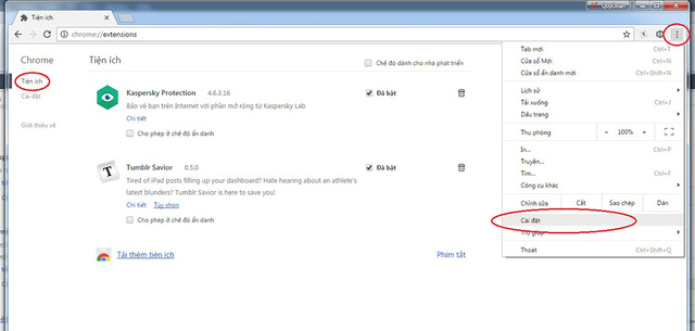 Cách truy cập phần Tiện ích trên Chrome.