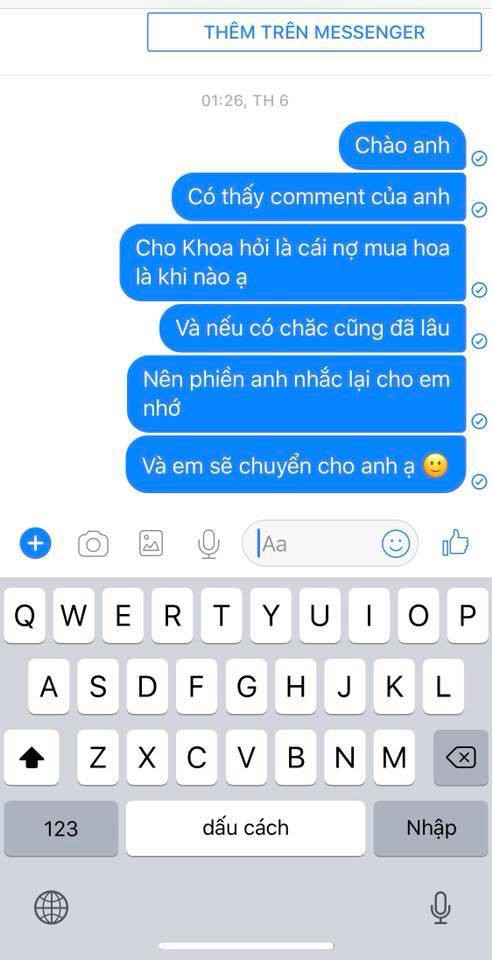 Sau khi đọc được bài đăng tố mình quỵt tiền, shark Khoa đã nhắn tin ngay cho Facebook L.D.L