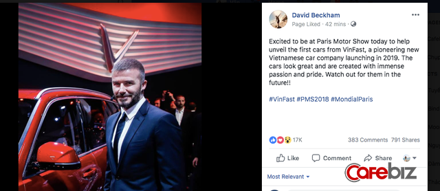 David Beckham vừa đích thân đăng dòng cảm nhận đầu tiên về xe Vinfast trên trang fanpage hơn 50 triệu lượt thích - Ảnh 1.