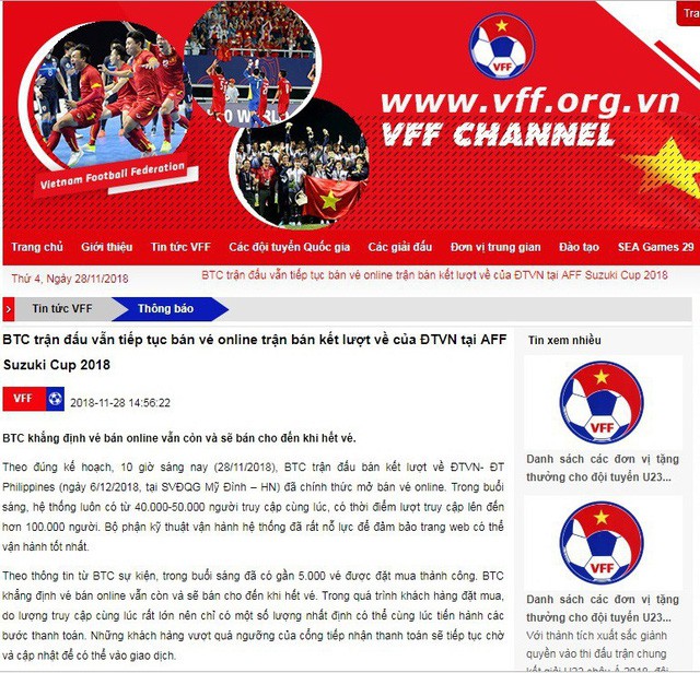 Nóng: VFF khẳng định chưa hết vé online, hệ thống vẫn tiếp tục mở bán - Ảnh 1. Nóng: VFF khẳng định chưa hết vé online, hệ thống vẫn tiếp tục mở bán - Ảnh 1.