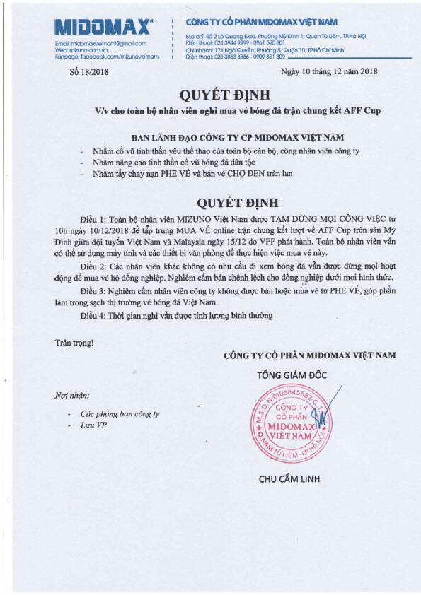  Giám đốc “chịu chơi” cho toàn bộ nhân viên nghỉ làm... để mua vé trận chung kết AFF Cup 2018  - Ảnh 1.