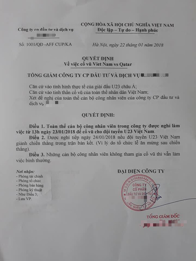 Công ty nhà người ta: Cho nhân viên nghỉ để cổ vũ U23 Việt Nam, nghỉ tiếp cả ngày hôm sau để ăn mừng nếu đội tuyển chiến thắng - Ảnh 1.