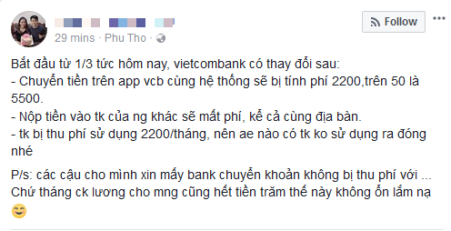 Không chỉ tăng phí dịch vụ SMS Banking lên 11.000 đồng, từ 1/3 Vietcombank còn thu phí chuyển tiền cùng hệ thống qua Mobile Banking - Ảnh 2.