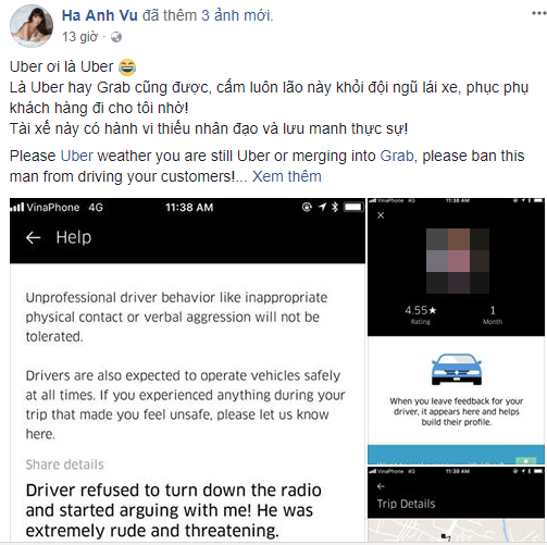 Siêu mẫu Hà Anh bức xúc vì bị tài xế Uber đuổi xuống xe, vứt hành lý ra đường: Uber sáp nhập Grab rồi, chúng tôi không cần khách nữa - Ảnh 1.