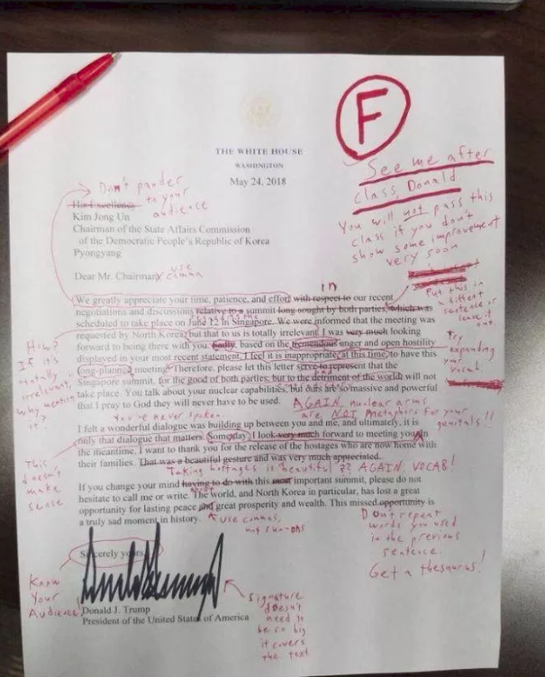 Bức thư gửi ông Kim Jong Un sai chi chít lỗi ngữ pháp bị chấm điểm F của Tổng thống Trump - Ảnh 2.