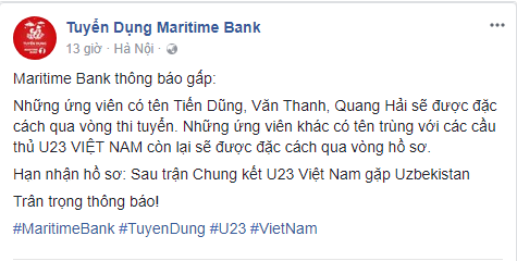 Maritime Bank chơi trội đặc cách tuyển dụng cho ứng viên trùng tên với cầu thủ đội tuyển U23 Việt Nam - Ảnh 1.