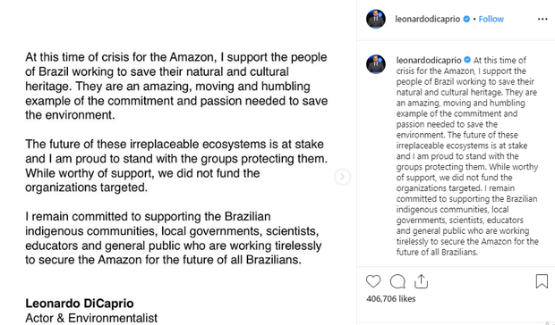 Vô duyên vô cớ bị đổ thừa đốt rừng Amazon, tài tử Leonardo DiCaprio phản ứng mạnh mẽ đáp lại Tổng thống Brazil - Ảnh 3.