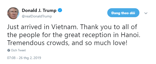  Vừa về khách sạn, ông Trump dành nhiều lời có cánh ca ngợi buổi đón tiếp tại Hà Nội - Ảnh 1.
