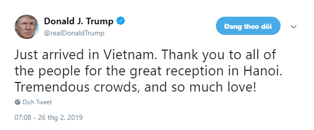 Vừa về khách sạn, ông Trump dành nhiều lời có cánh ca ngợi buổi đón tiếp tại Hà Nội - Ảnh 1. Vừa về khách sạn, ông Trump dành nhiều lời có cánh ca ngợi buổi đón tiếp tại Hà Nội - Ảnh 1.