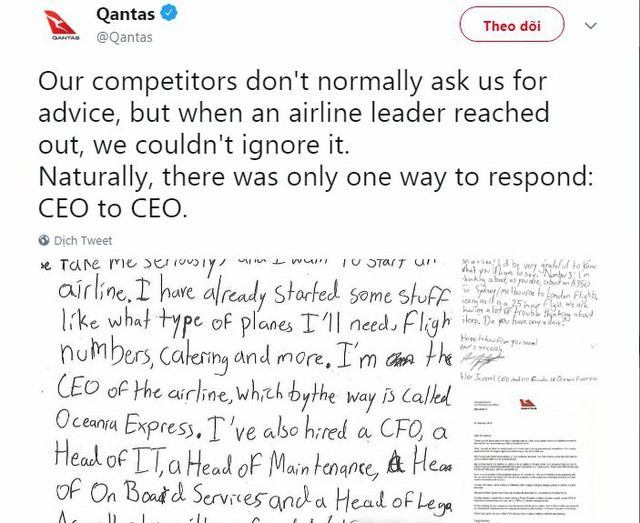 “Choáng” trước ước mơ làm giàu khi xin bí quyết mở hãng hàng không của cậu bé 10 tuổi nhưng câu trả lời của CEO Qantas mới khiến nhiều người thích thú!  - Ảnh 3.