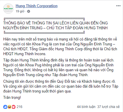 Công ty địa ốc Hưng Thịnh lên tiếng về thông tin Youtuber Khoa Pug là con trai Chủ tịch Nguyễn Đình Trung - Ảnh 1.