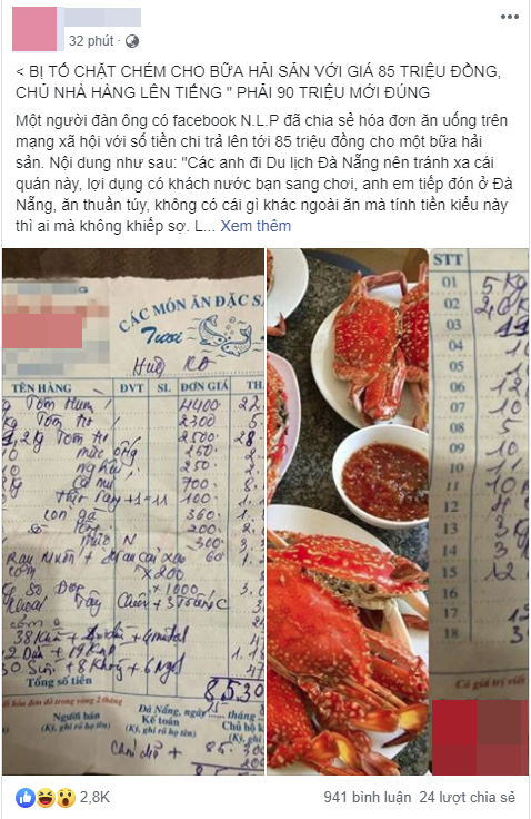 Nhà hàng ở Đà Nẵng cắt cổ khách với hóa đơn hải sản 85 triệu, khách kêu la liền bị bắt bẻ phải 90 triệu mới đúng, vì thiếu 4 triệu tiền cua - Ảnh 1.