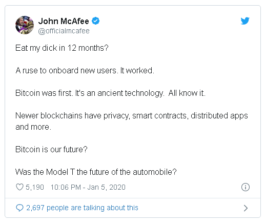 John McAfee nuốt lời hứa tự ăn “cái ấy” của mình nếu Bitcoin không đạt 1 triệu USD vào năm 2020 - Ảnh 1.