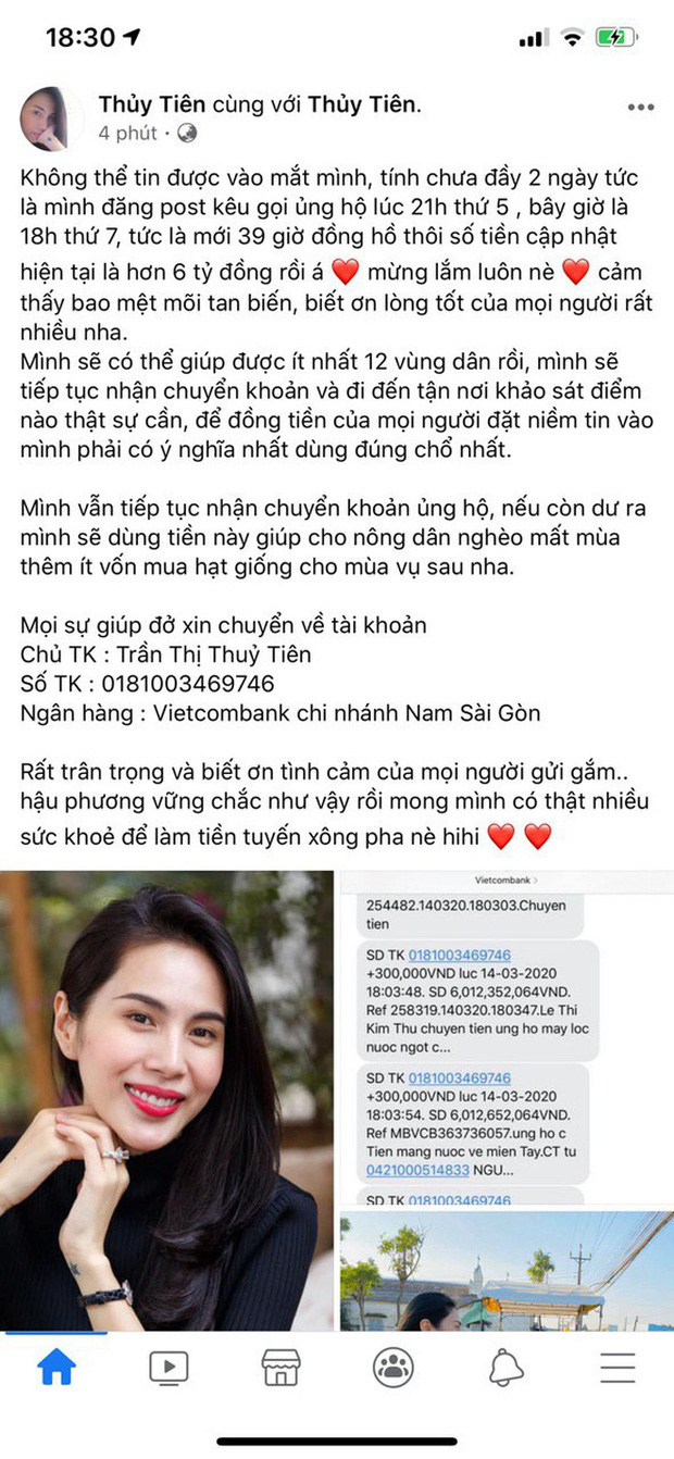 Sau 39 giờ kêu gọi, Thuỷ Tiên thông báo nhận được số tiền khủng hơn 6 tỷ đồng hỗ trợ bà con miền Tây vượt qua hạn mặn - Ảnh 1. Sau 39 giờ kêu gọi, Thuỷ Tiên thông báo nhận được số tiền khủng hơn 6 tỷ đồng hỗ trợ bà con miền Tây vượt qua hạn mặn - Ảnh 1.