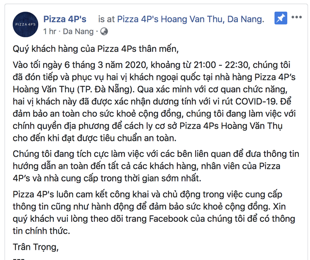  Pizza 4Ps chủ động cách ly cơ sở Hoàng Văn Thụ ở Đà Nẵng vì đã tiếp 2 khách ngoại quốc dương tính  - Ảnh 1.