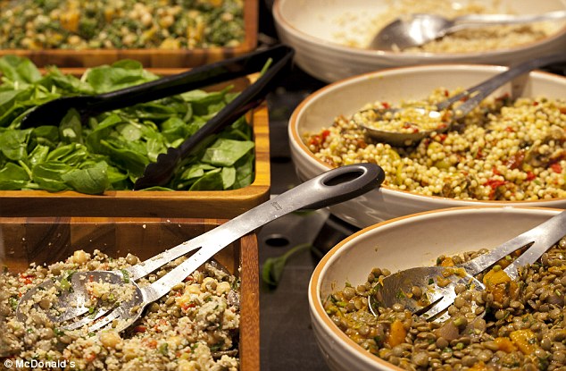 Menu items include salads featuring Moroccan chicken breast, chipotle pulled pork, brown rice and lentils