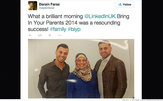 Dòng tweet của Darain Faraz - Nhân viên LinkedIn đã đưa cha mẹ đến làm việc hôm thứ năm.
