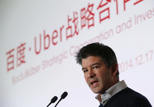 CEO Uber Travis Kalanick phát biểu tại buổi ký kết đầu tư và hợp tác chiến luật giữa Uber và Baidu tại trụ sở của Baidu, Bắc Kinh ngày 17/12/2014.