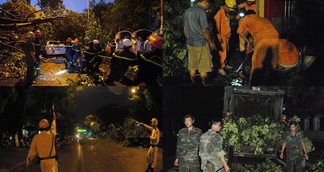 Lực lượng chức năng tại Hà Nội thức trắng đêm để khắc phục thiệt hại do cơn dông gây ra. Nguồn ảnh: Dân trí, VNN