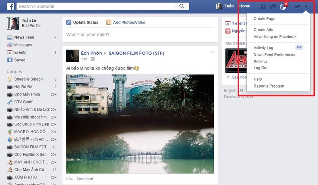 Đầu tiên, bạn cần đăng nhập tài khoản của mình. Click vào dấu mũi tên sổ xuống ở bên phải góc màn hình Facebook chọn Settings.
