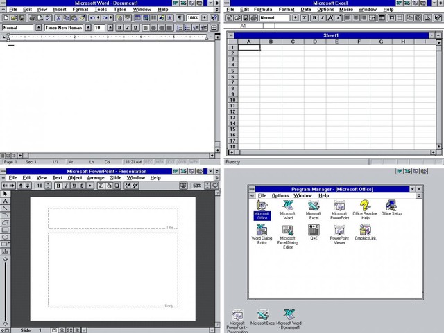 
Phiên bản Microsoft Office 4.0 chạy trên nền hệ điều hành Windows 3.1.
