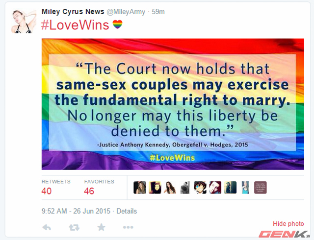 Ca sĩ Miley Cyrus cùng dòng tweet của mình.
