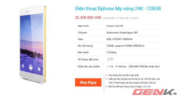 Thử đặt hàng với phiên bản Bphone mạ vàng 24K