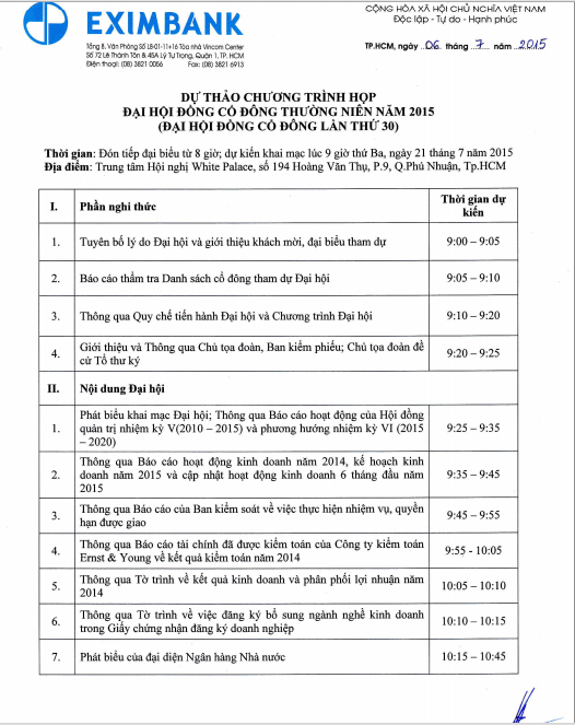 Dự thảo chương trình ĐHCĐ thường niên 2015 tới đây của Eximbank cũng hoàn toàn không có nội dung &quot;sáp nhập&quot;