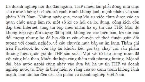 Bản thông cáo về vụ việc con ruồi được THP đăng tải hôm 10/2 trên website doanh nghiệp này.