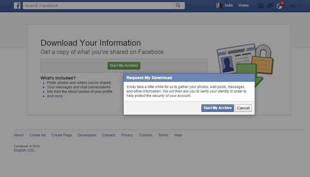 Facebook sẽ yêu cầu bạn chờ trong giây lát để hệ thống lấy dữ liệu ra chuẩn bị cho tiến trình download, click chọn Start My Archive để bắt đầu.