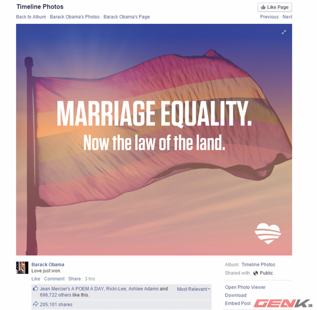 Barrack Obama đăng tải bức ảnh lá cờ LGBT cùng dòng chữ Bình đẳng trong hôn nhân. Barrack Obama đăng tải bức ảnh lá cờ LGBT cùng dòng chữ Bình đẳng trong hôn nhân.