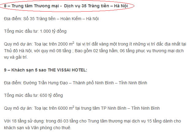 Dự án Trung tâm Thương mại - Dịch vụ 35 Tràng Tiền trong danh mục các dự án đầu tư của Hoàng Phát Vissai (ảnh chụp màn hình website).