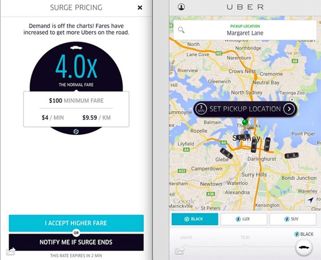 
Giá cước Uber tăng 4 lần tại khu vực diễn ra vụ bắt cóc ở Sydney.