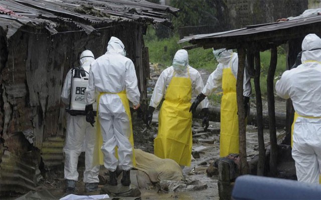Các nhân viên y tế trong trang phục bảo hộ chuẩn bị đưa một xác chết bị bỏ rơi có các dấu hiệu mắc Ebola ra khỏi khu chợ Duwala ở Monrovia, Liberia hôm 17/8. Dịch Ebola bùng phát ở Tây Phi, tập trung tại ba quốc gia là Liberia, Sierra Leone và Guinea đã khiến hàng nghìn người thiệt mạng. Đến nay, trận dịch này vẫn tiếp tục diễn biến phức tạp, trong khi vaccine chống Ebola vẫn đang trong quá trình thử nghiệm - Ảnh: Reuters.
