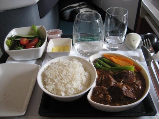 4. Cathay Pacific. The Hong Kong company serves this dark vinegar braised pork in a kidney-shaped bowl.