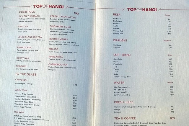 Thực đơn đồ uống tại Top of Hanoi
