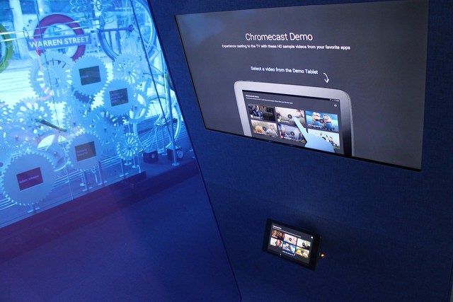 A booth is set up in the store with a demo of Chromecast — Google&apos;s device-to-TV streaming app. 