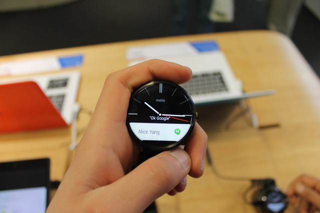 Android Wear devices like the Moto 360, Google&apos;s answer to the Apple Watch, are on show. 