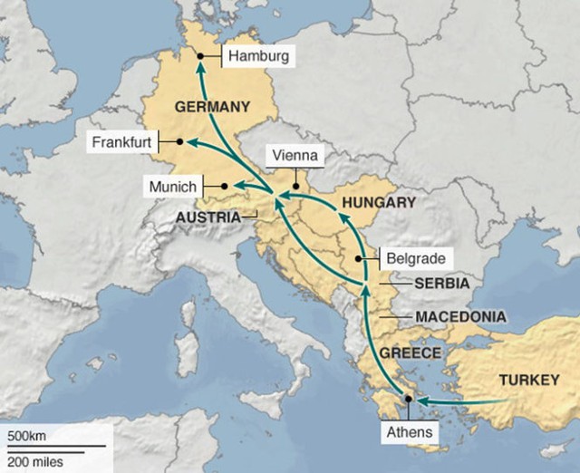 Sơ đồ đường đi đến Đức của người nhập cư từ điểm xuất phát Thổ Nhĩ Kỳ - Ảnh: Interpol