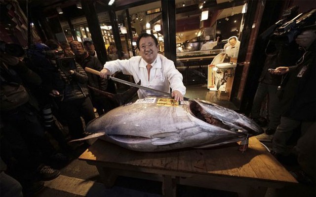 Tại phiên đấu giá này, ông Kiyoshi Kimura, chủ tịch công ty Kiyomura, đã mua con cá ngừ vây xanh nặng 180 kg với giá 37.500 USD. Trong ảnh, ông Kimura đang tạo dáng con cá ngừ mua được tại nhà hàng Sushi Zanmai của ông. Đây là con cá ngừ được đánh bắt ở vùng biển phía Đông Bắc Nhật Bản - Ảnh: AP.