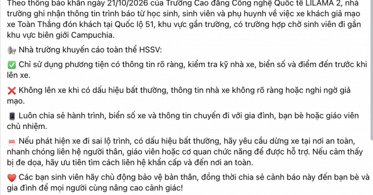 1 Trường Cao đẳng bất ngờ phát thông báo khẩn: Sinh viên bị xe khách chở đến gần biên giới Campuchia