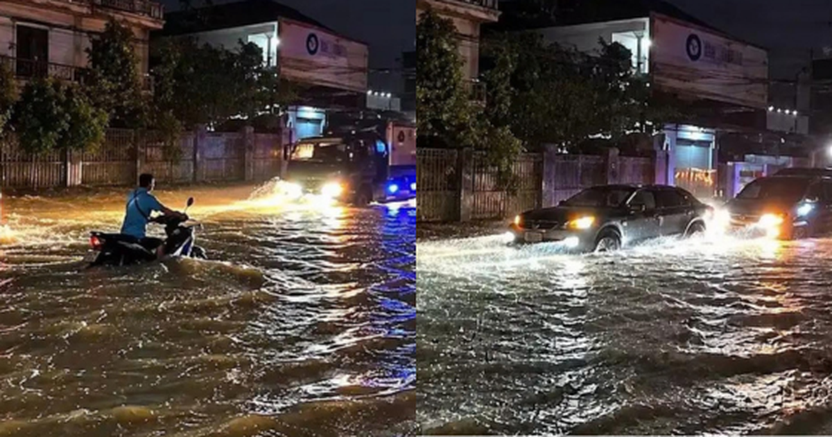 Đường ngập trong đêm ở Viêng Chăn, một số khu vực mất điện sau mưa dông