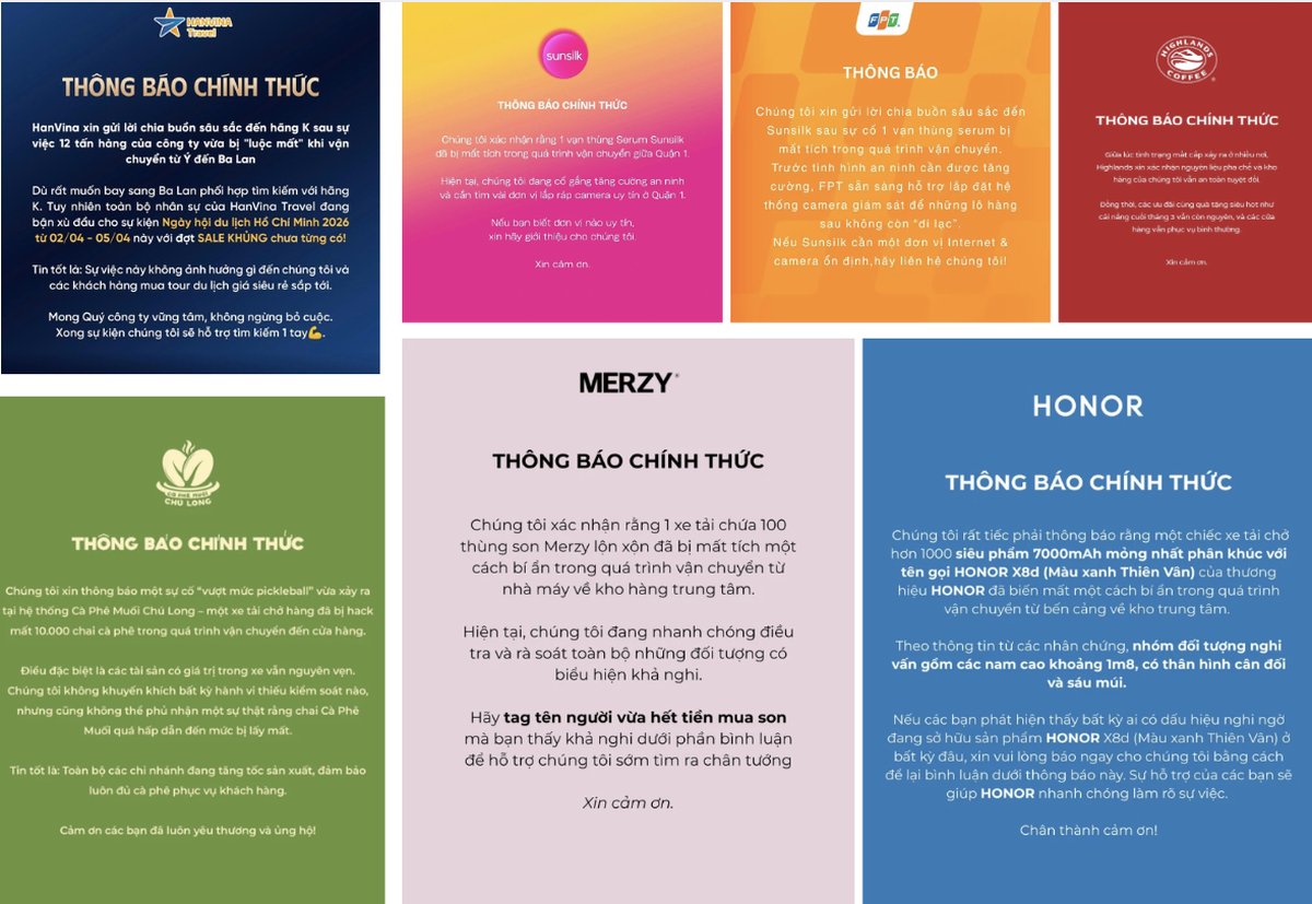 Hàng loạt thương hiệu đồng thời phát đi thông báo “xe tải chở hàng mất tích”: Chuyện gì đây?