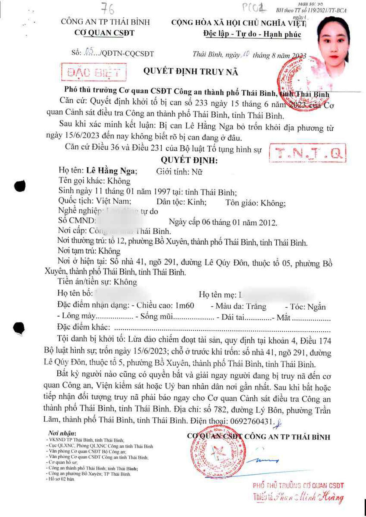 Quyết định truy nã Lê Hằng Nga SN 1997