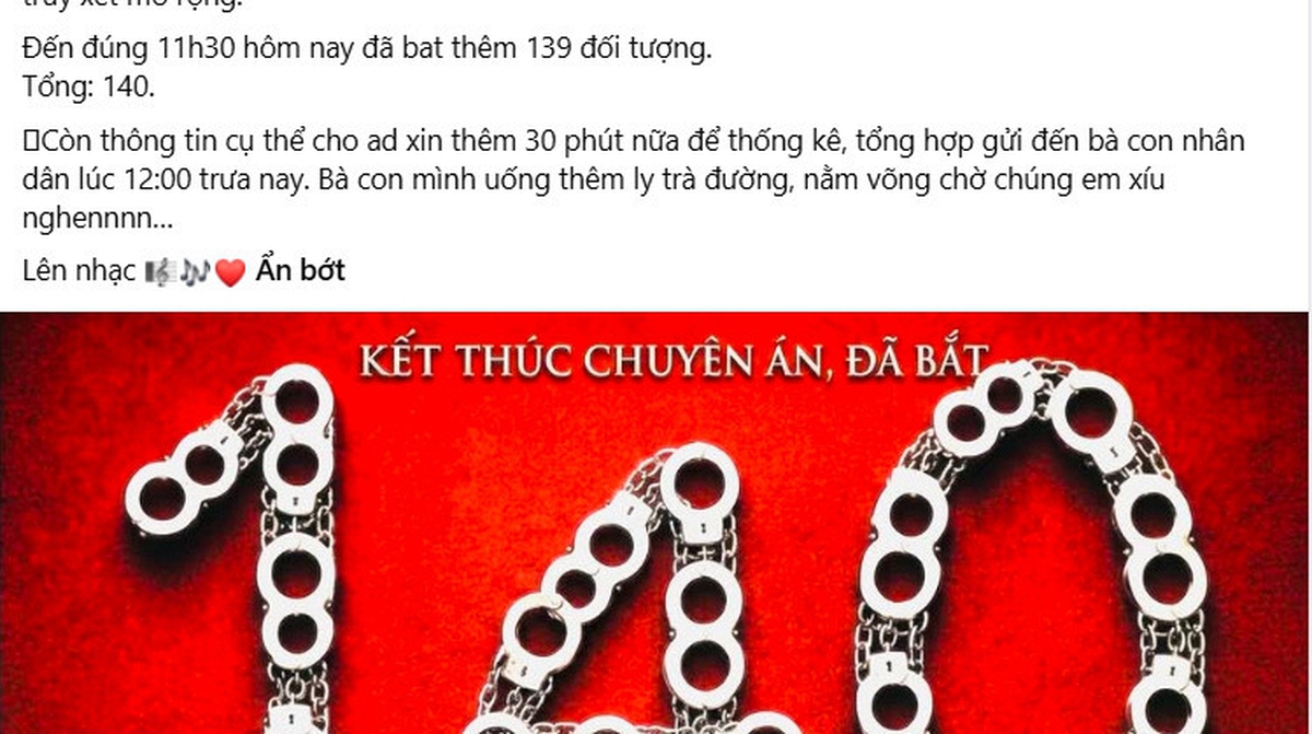 Fanpage Phòng, chống ma túy - Công an TP. Hồ Chí Minh (PC04) đăng thông báo nóng giữa trưa, con số 140 là tâm điểm