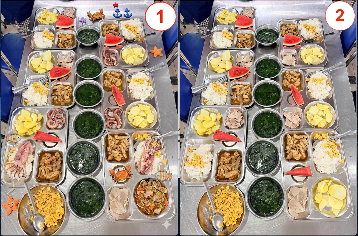 2 bức ảnh về bữa ăn trưa của trường học ở Hà Nội có chi tiết gây "hoang mang": Ai tinh mắt mới đoán ra vấn đề!