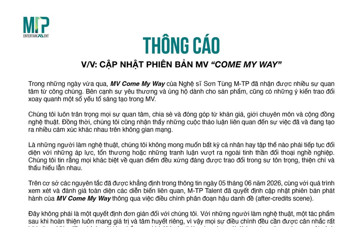 Nóng: Công ty của Sơn Tùng MTP ra thông báo mới, cập nhật MV Come My Way