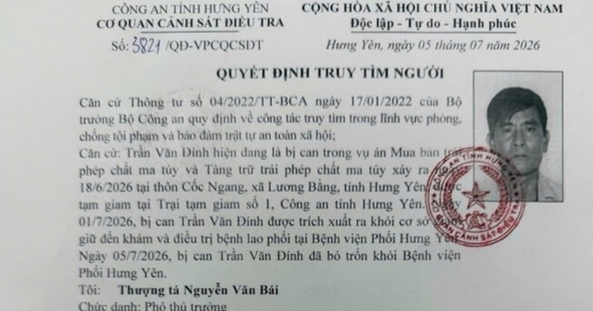 Công an tỉnh Hưng Yên truy tìm bị can trốn khỏi bệnh viện khi đang điều trị