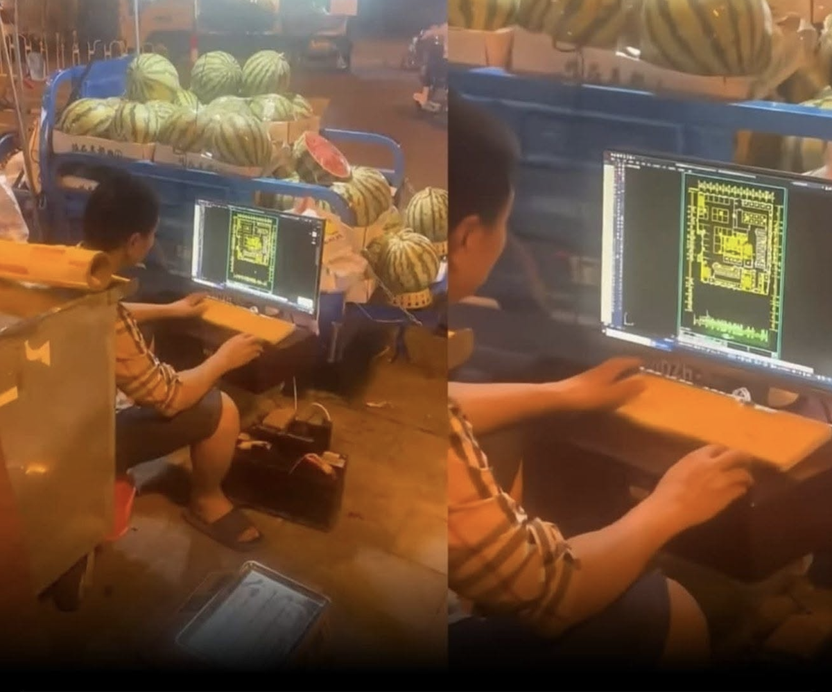 "Cao nhân" ẩn mình đây sao: Người bán dưa hấu ven đường, vắng khách lại mở laptop làm bản vẽ kỹ thuật