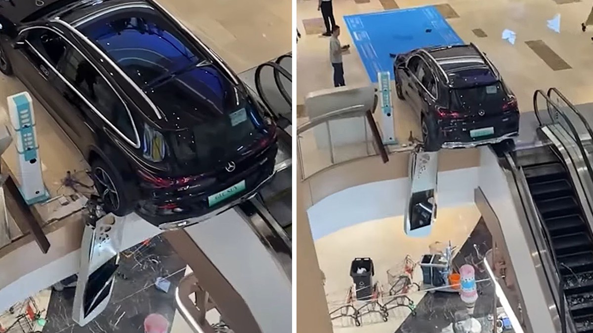 Nhầm chân ga, chiếc Mercedes lao xuyên lan can trung tâm thương mại, suýt rơi xuống tầng dưới
